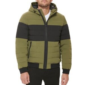 DKNY Mens Hooded Puffer Jacket Streetwear Green Black Water Resistant Size L